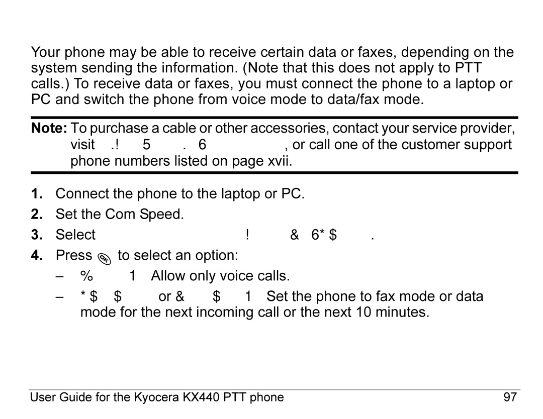 Kyocera KX440 Series manual Setting the phone to receive data or faxes 