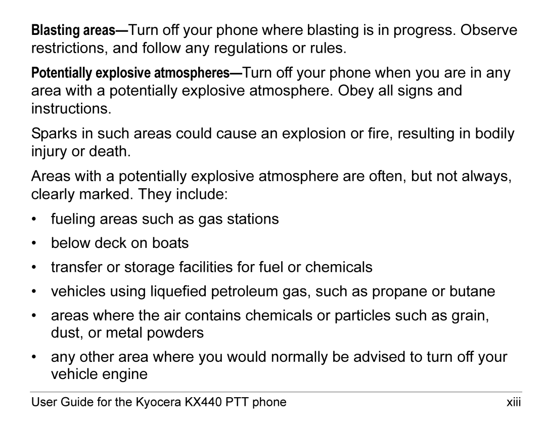 Kyocera KX440 Series manual User Guide for the Kyocera KX440 PTT phone Xiii 