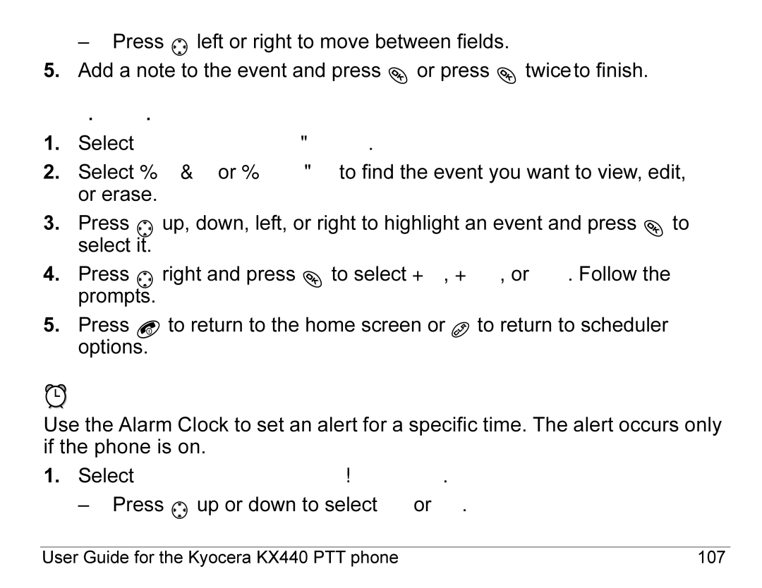 Kyocera KX440 Series manual Alarm Clock, Viewing, editing, or erasing an event 