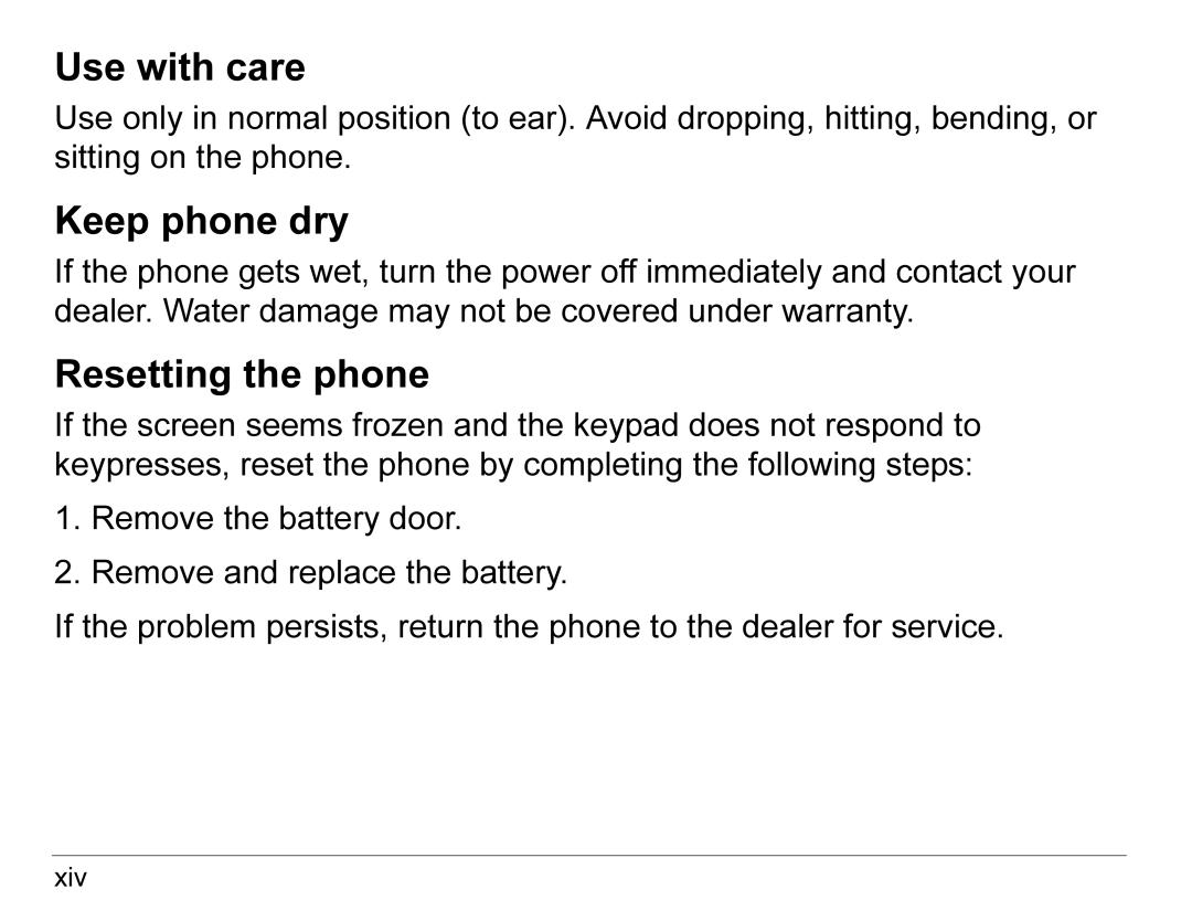 Kyocera KX440 Series manual Use with care, Keep phone dry, Resetting the phone 