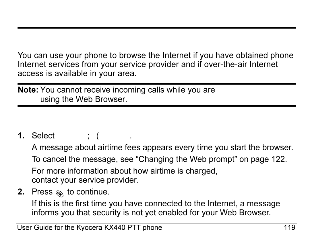 Kyocera KX440 Series manual Using the Web Browser, Starting the Web Browser 