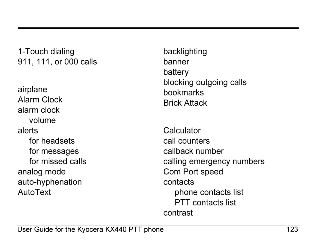 Kyocera KX440 Series manual Index, Numerics 