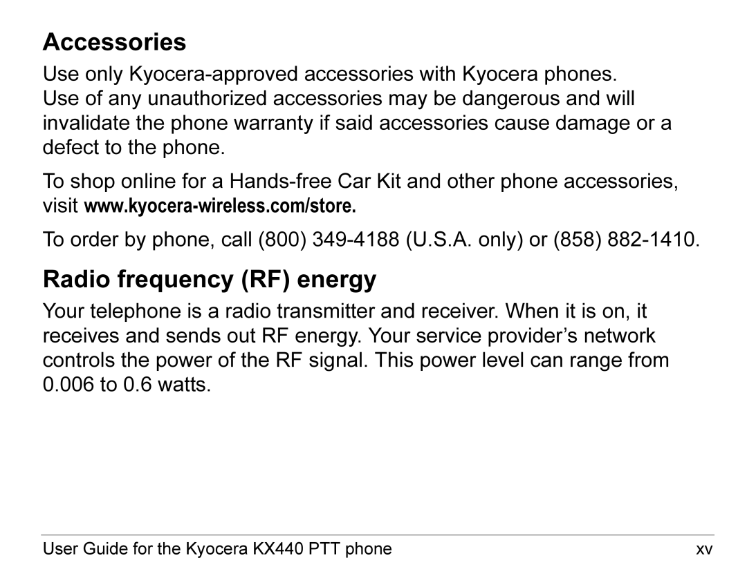 Kyocera KX440 Series manual Accessories, Radio frequency RF energy 