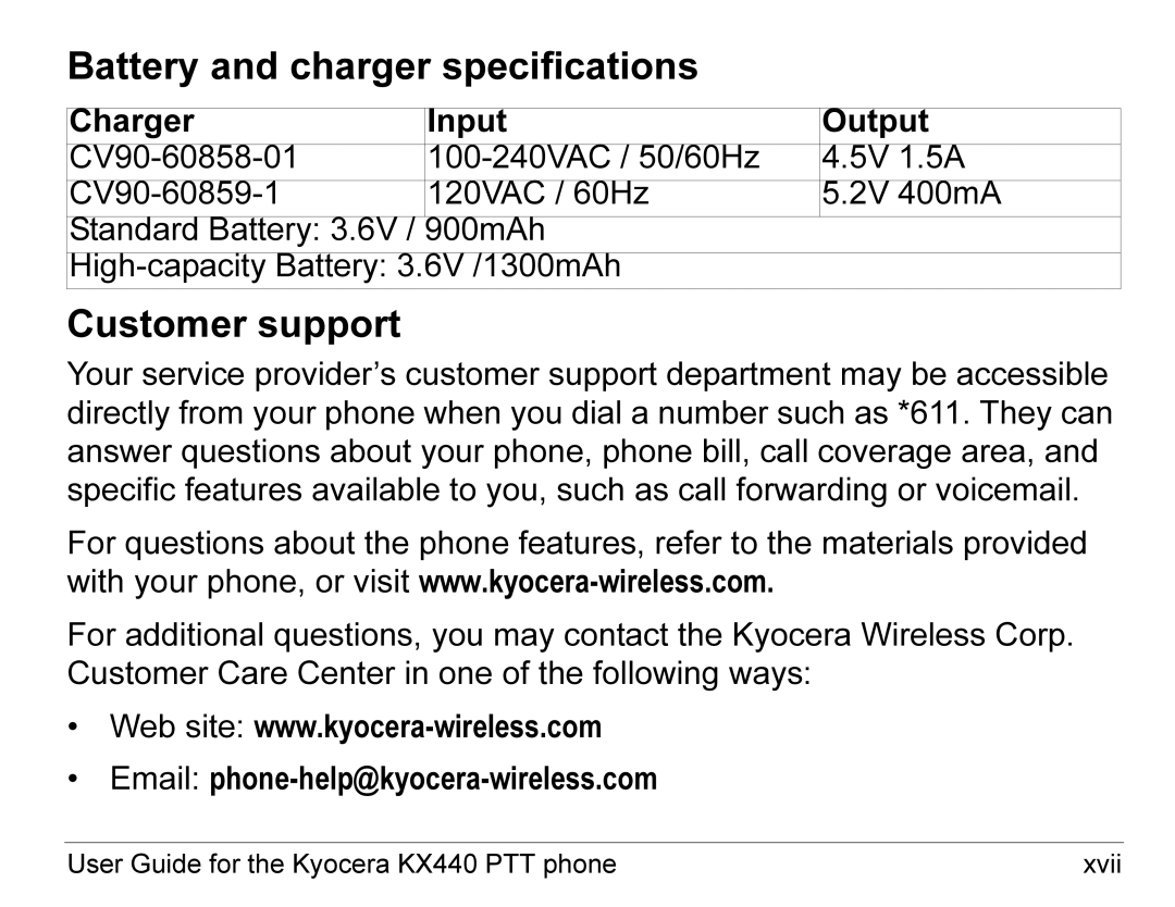 Kyocera KX440 Series manual Battery and charger specifications, Customer support 