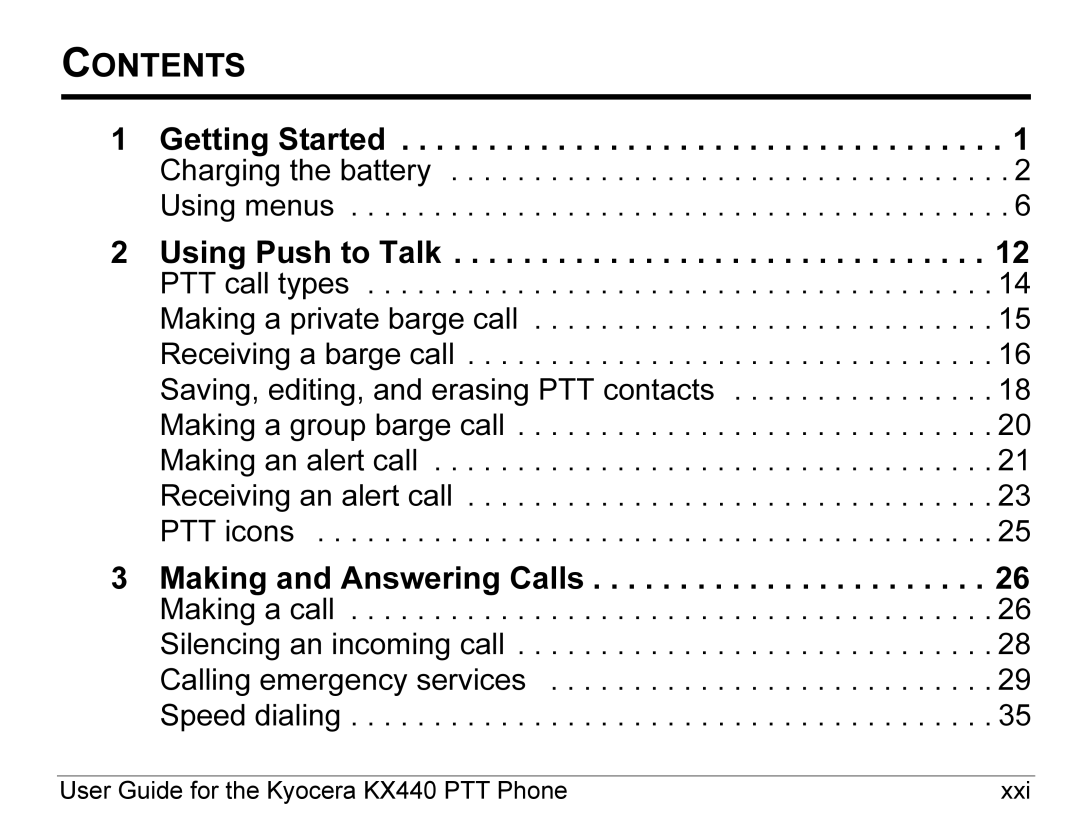 Kyocera KX440 Series manual Contents 