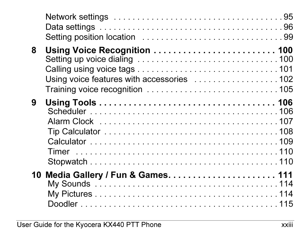 Kyocera KX440 Series manual Network settings Data settings Setting position location, My Sounds My Pictures Doodler 