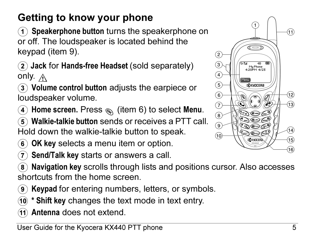 Kyocera KX440 Series manual Getting to know your phone 