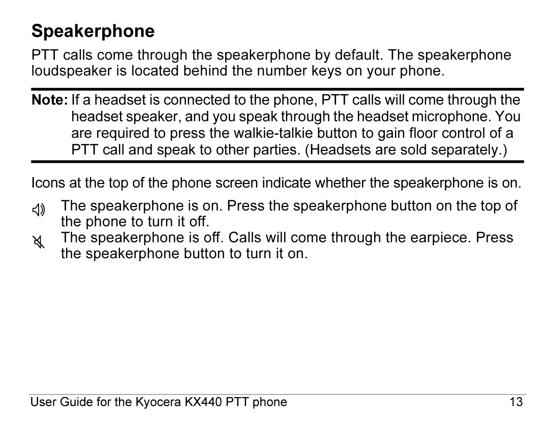 Kyocera KX440 Series manual Speakerphone, Adjusting PTT call volume 