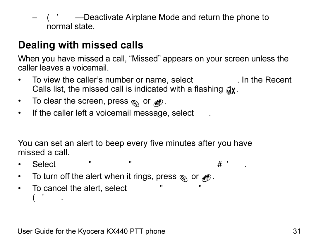 Kyocera KX440 Series manual Dealing with missed calls, Setting missed call alerts 