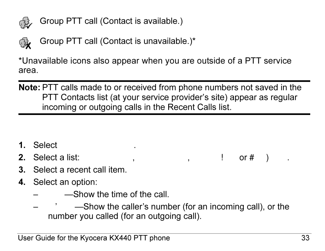 Kyocera KX440 Series manual Viewing recent calls 