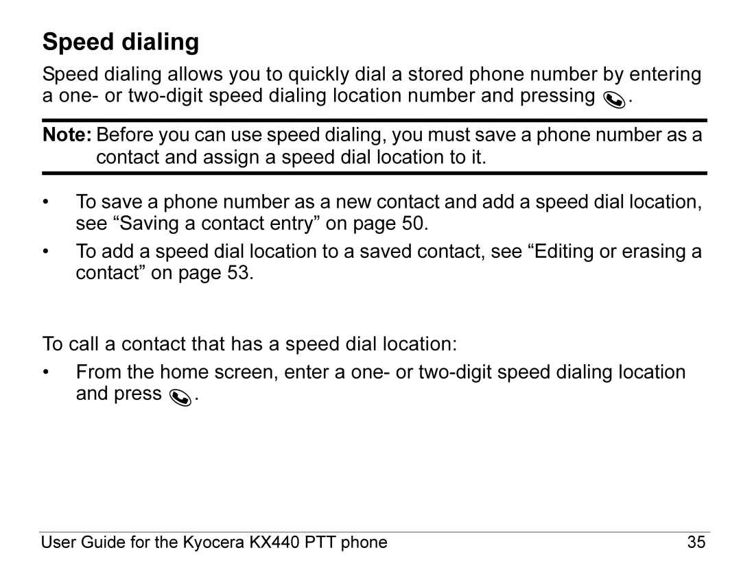 Kyocera KX440 Series manual Speed dialing, Using speed dialing 