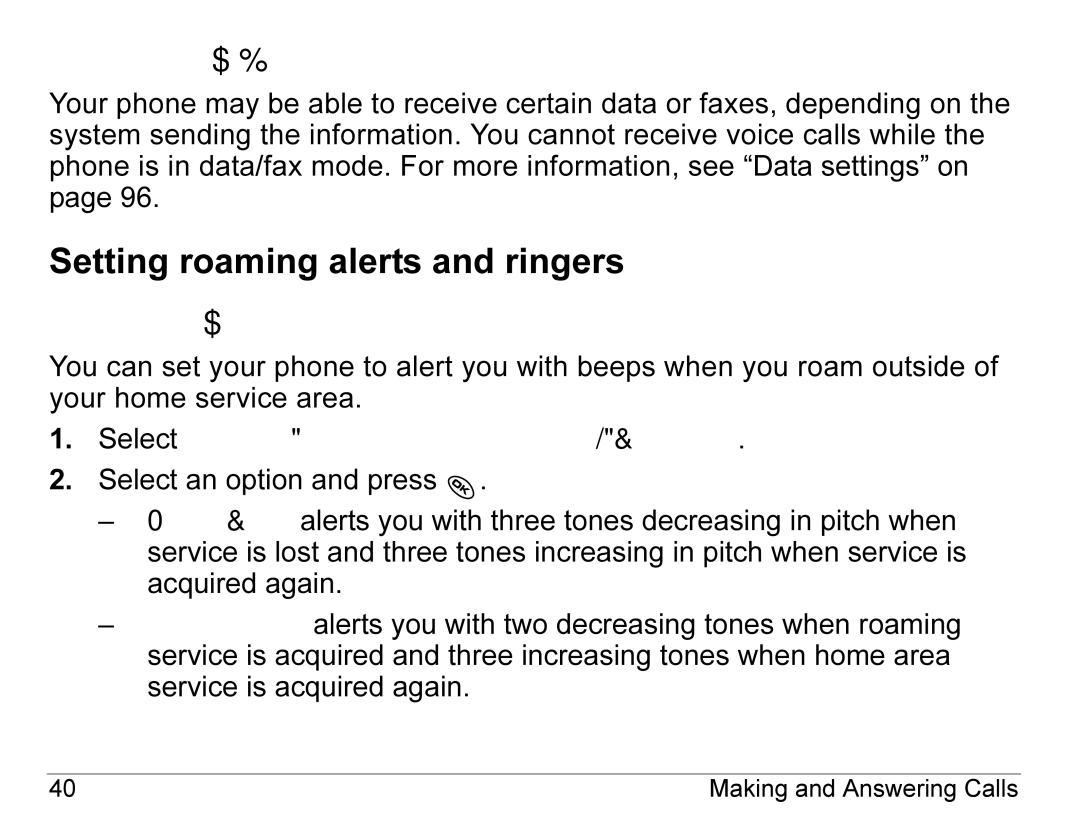 Kyocera KX440 Series manual Setting roaming alerts and ringers, Receiving data or faxes, Setting an alert for roaming 