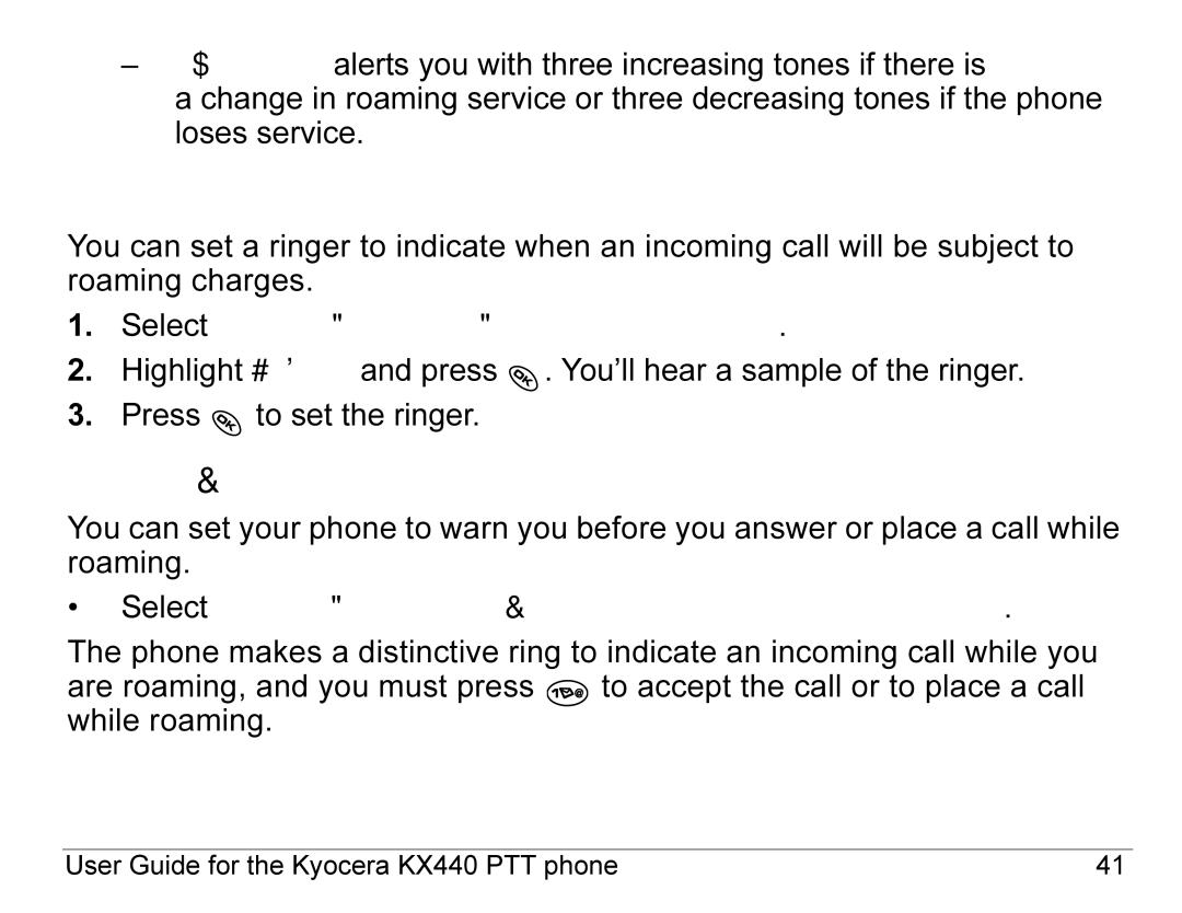 Kyocera KX440 Series manual Setting the roam ringer, Setting Call Guard to avoid roaming calls 