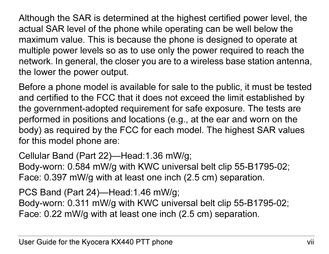 Kyocera KX440 Series manual User Guide for the Kyocera KX440 PTT phone Vii 