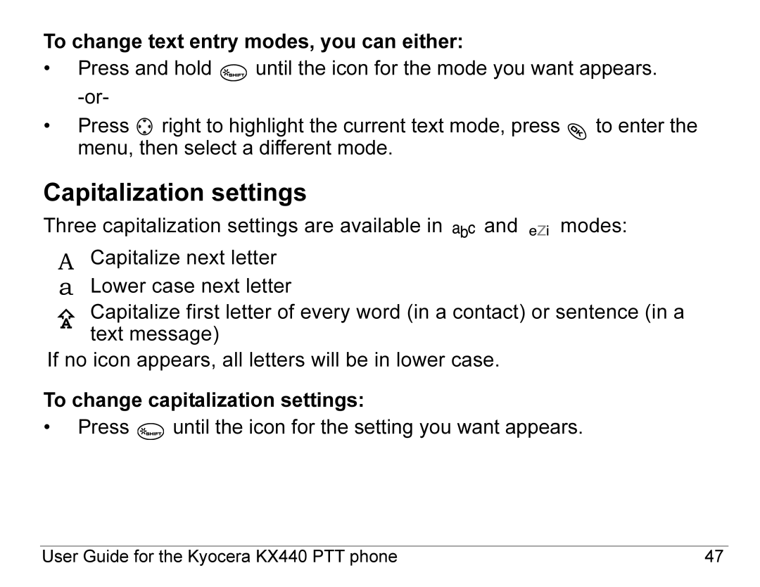 Kyocera KX440 Series manual Capitalization settings 