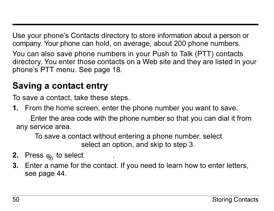 Kyocera KX440 Series manual Saving a contact entry, Storing Contacts 