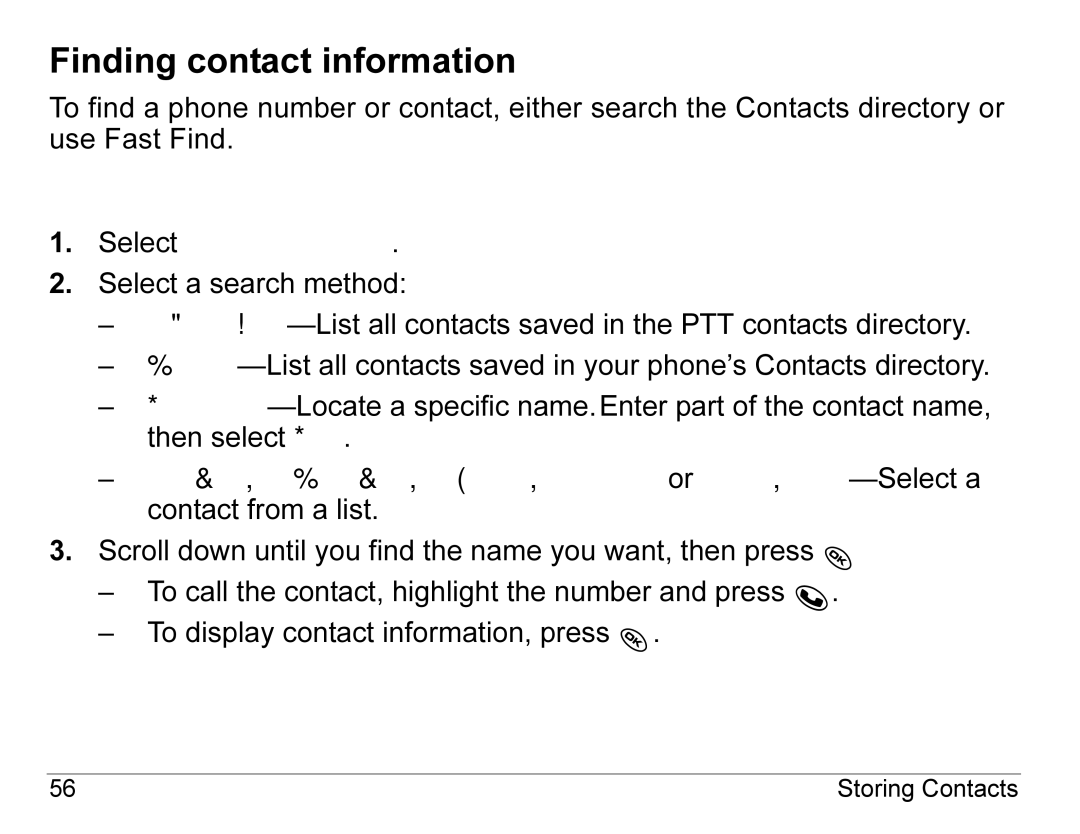 Kyocera KX440 Series manual Finding contact information, Searching the Contacts directory 