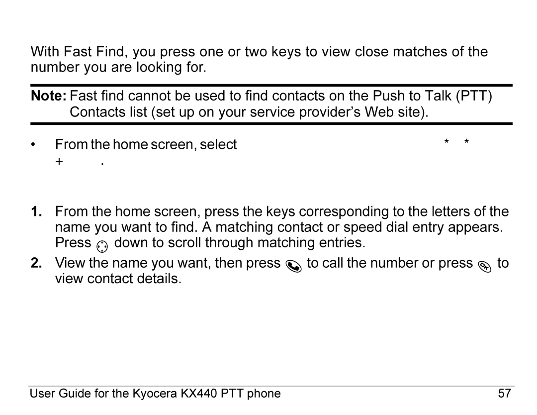 Kyocera KX440 Series manual Setting Fast Find, Using Fast Find 