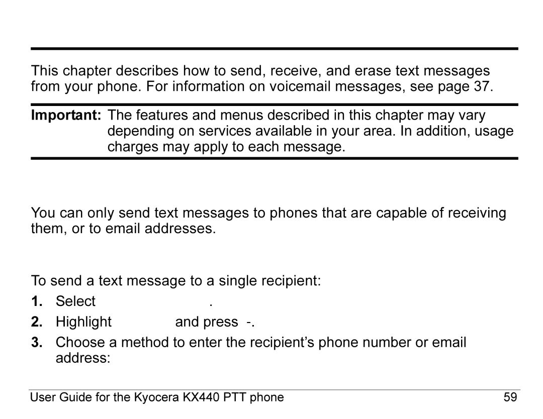 Kyocera KX440 Series manual Sending text messages, Writing a message 