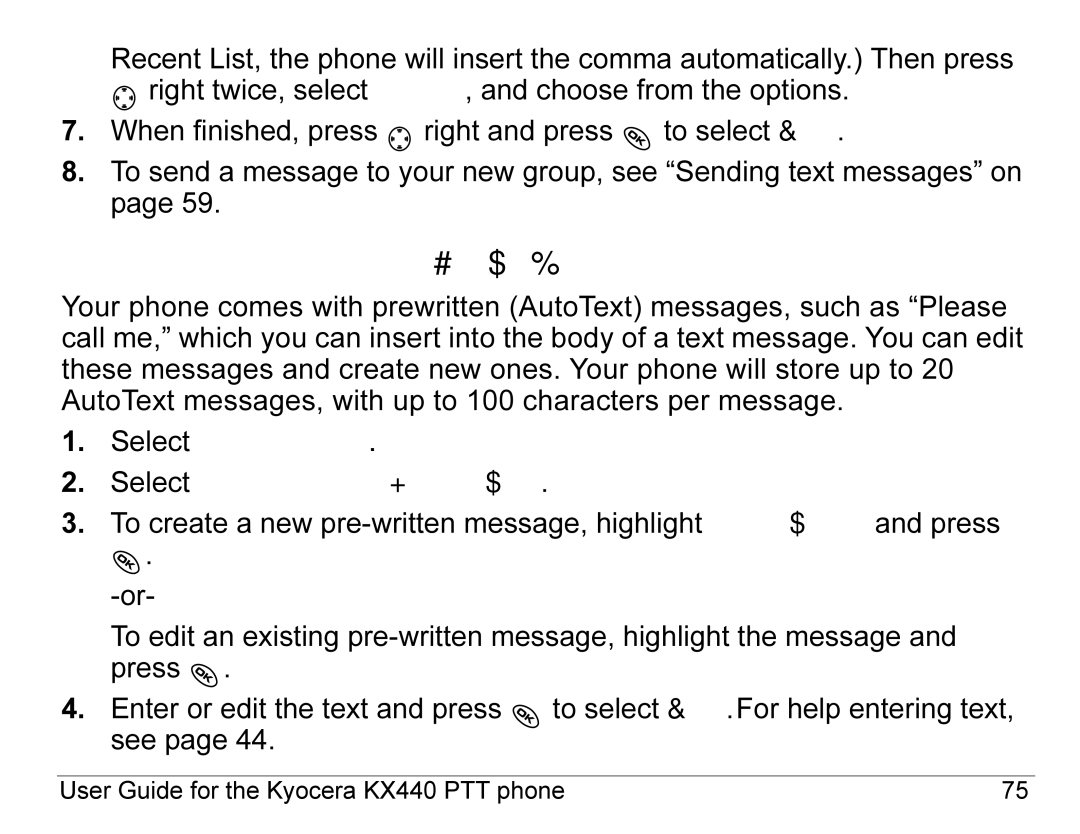 Kyocera KX440 Series manual Creating and editing prewritten messages AutoText 