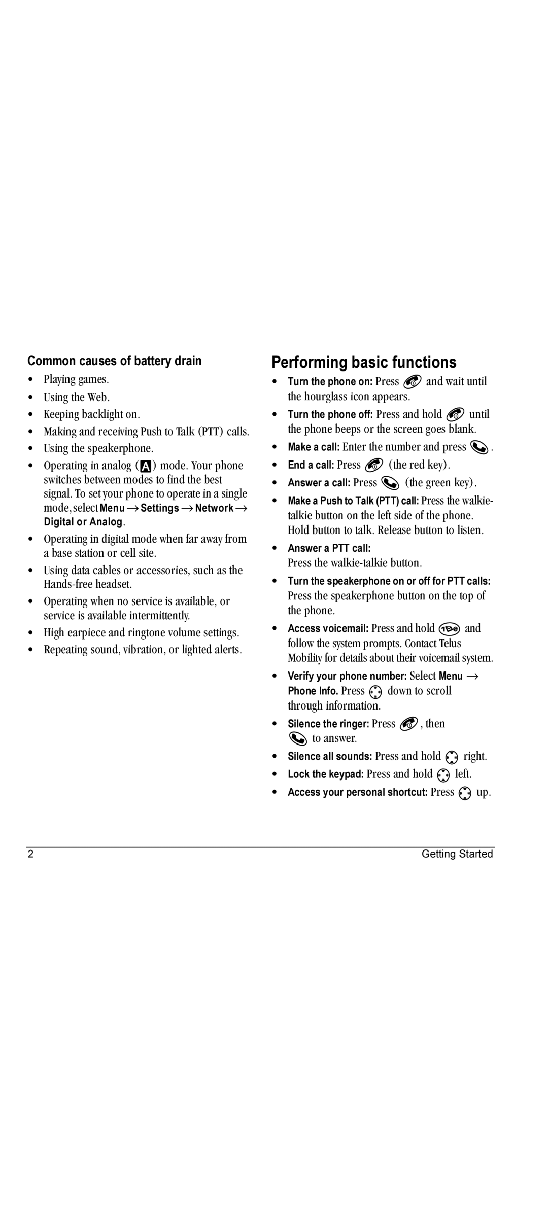 Kyocera KX440 manual Performing basic functions, Common causes of battery drain 