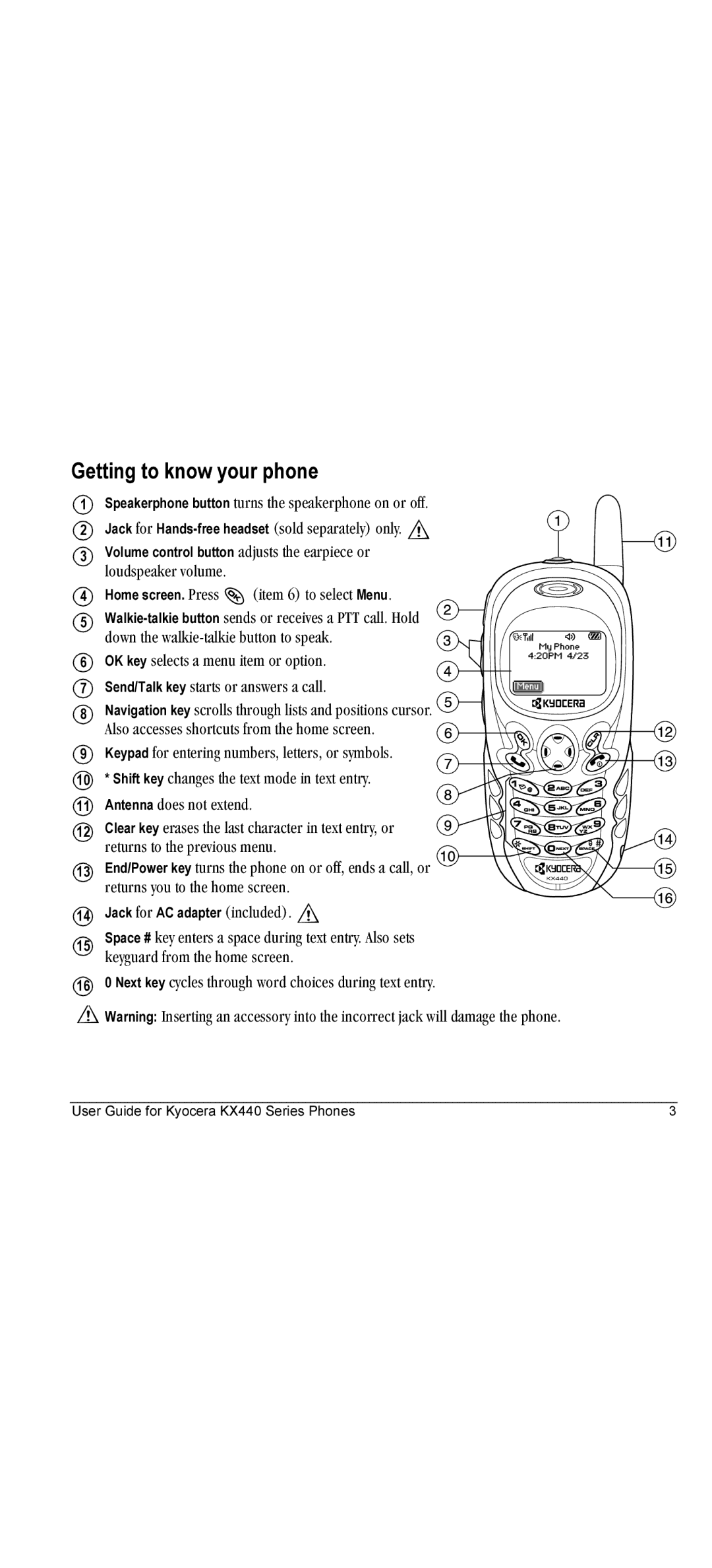 Kyocera KX440 manual Getting to know your phone, ÊÉíìêåë=íç=íÜÉ=éêÉîáçìë ãÉåìK, ÊÉíìêåë=óçì=íç=íÜÉ=ÜçãÉ=ëÅêÉÉåK 