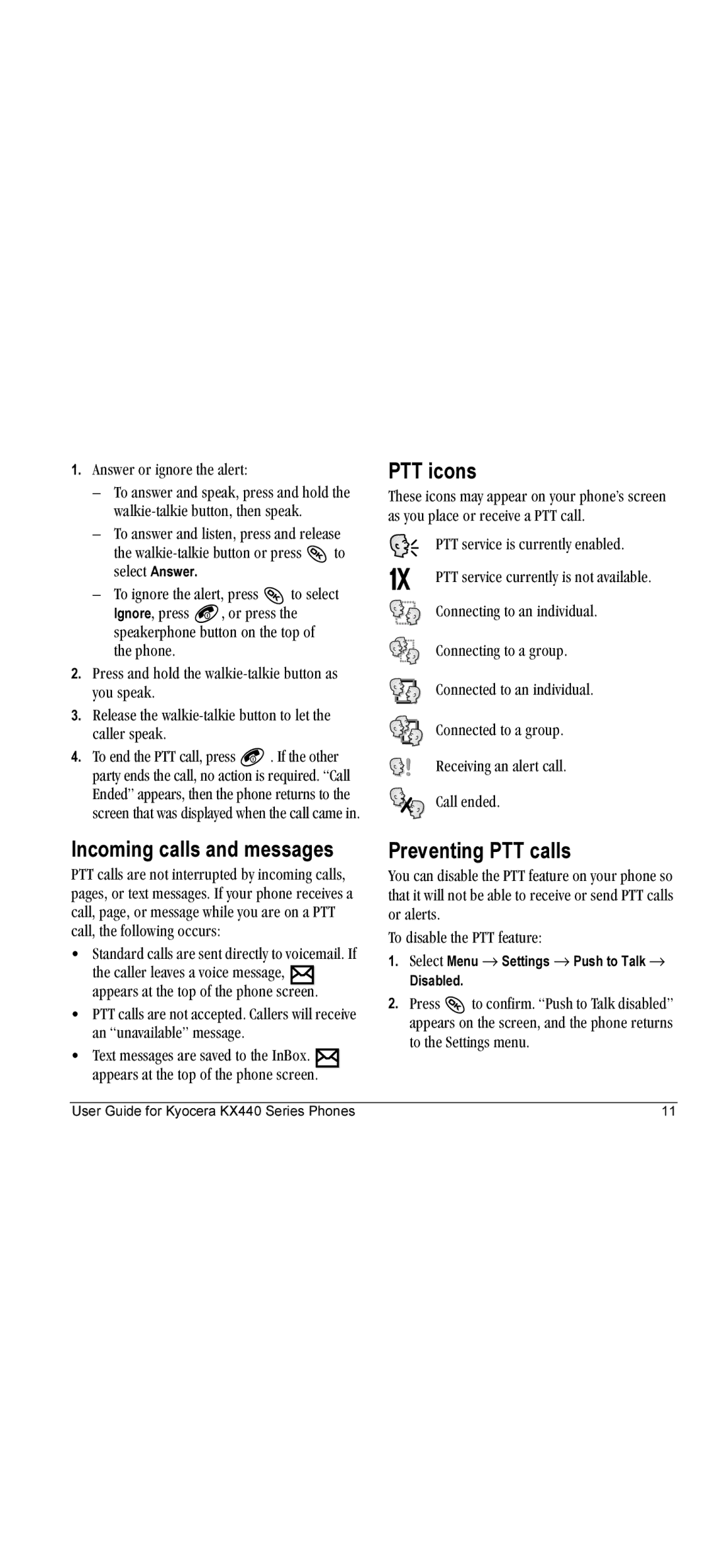 Kyocera KX440 manual Incoming calls and messages, PTT icons, Preventing PTT calls 