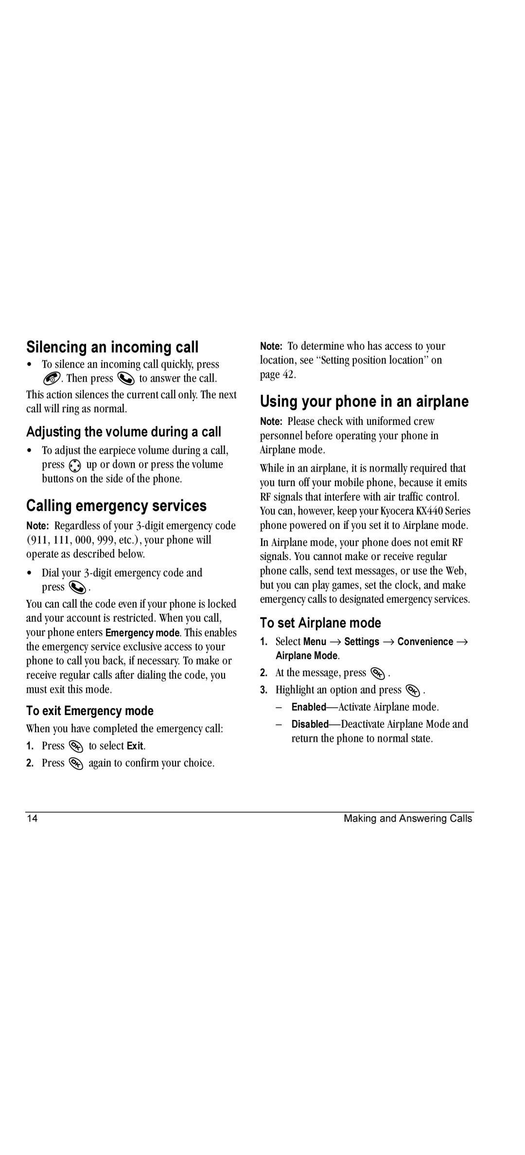 Kyocera KX440 manual Silencing an incoming call, Calling emergency services, Using your phone in an airplane 