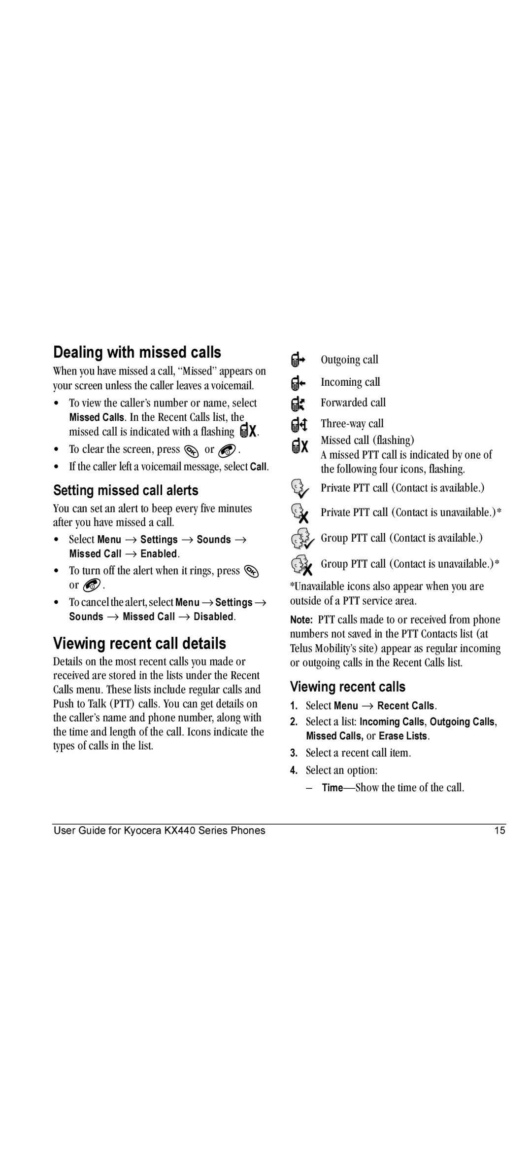 Kyocera KX440 Dealing with missed calls, Viewing recent call details, Setting missed call alerts, Viewing recent calls 