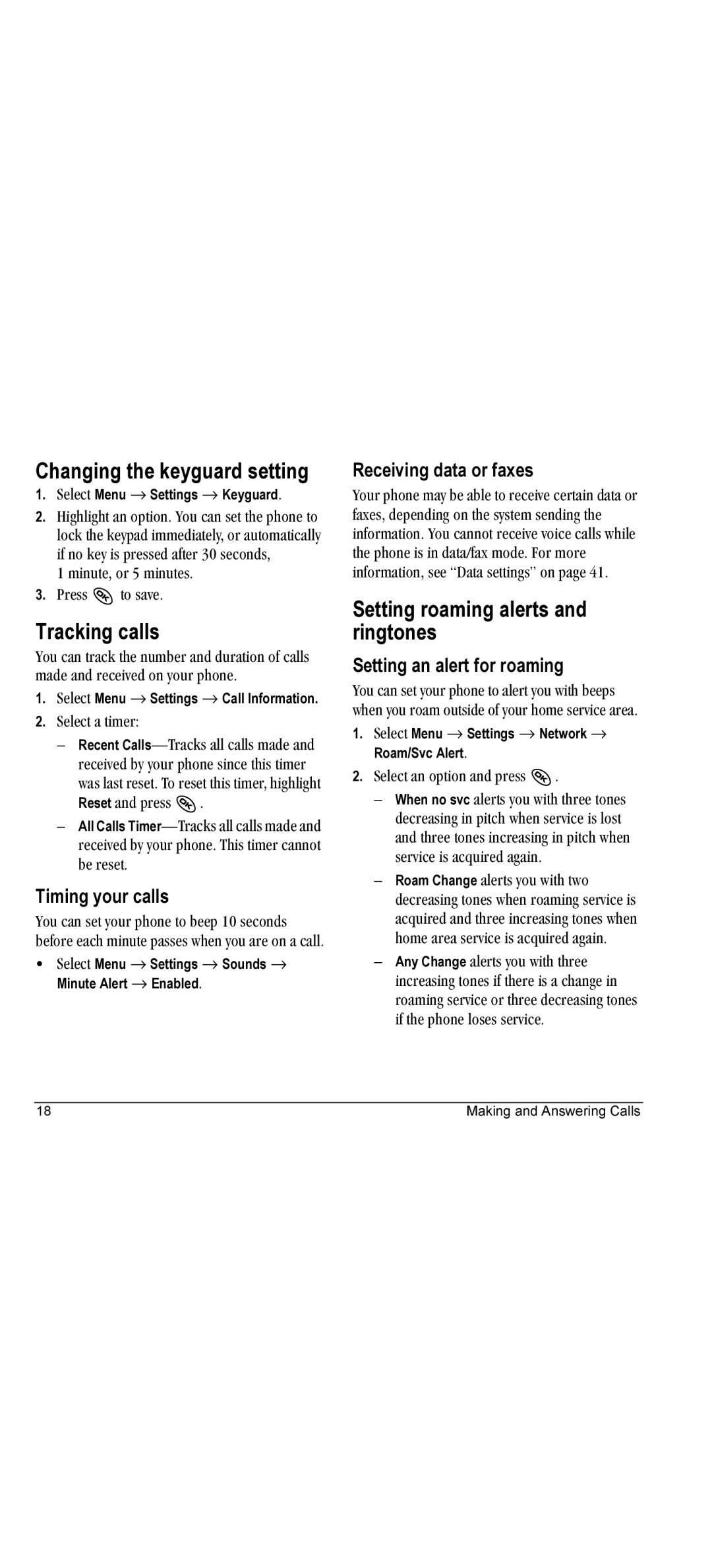 Kyocera KX440 manual Changing the keyguard setting, Tracking calls, Setting roaming alerts and ringtones 