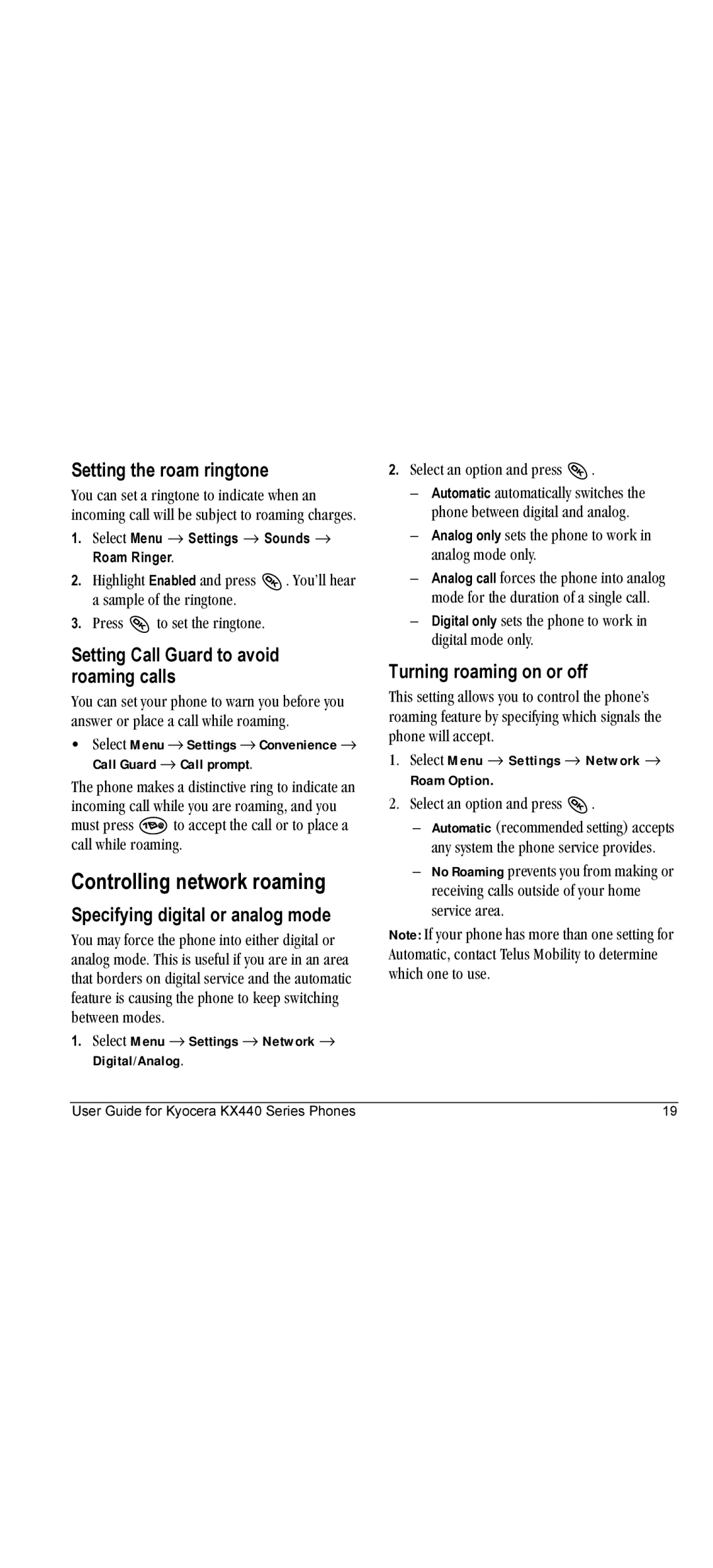 Kyocera KX440 manual Controlling network roaming, Setting the roam ringtone, Setting Call Guard to avoid roaming calls 