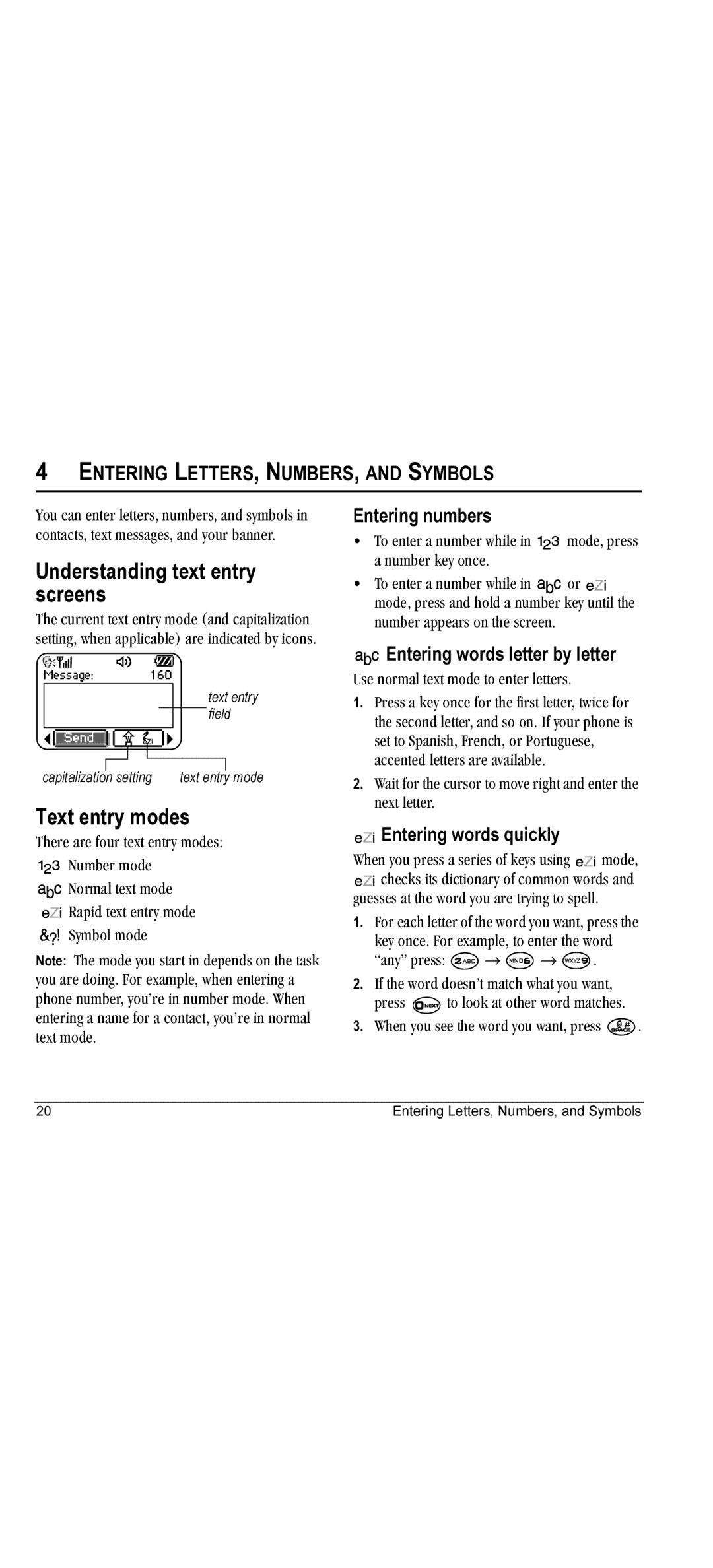 Kyocera KX440 manual Understanding text entry screens, Text entry modes, Entering LETTERS, NUMBERS, and Symbols 