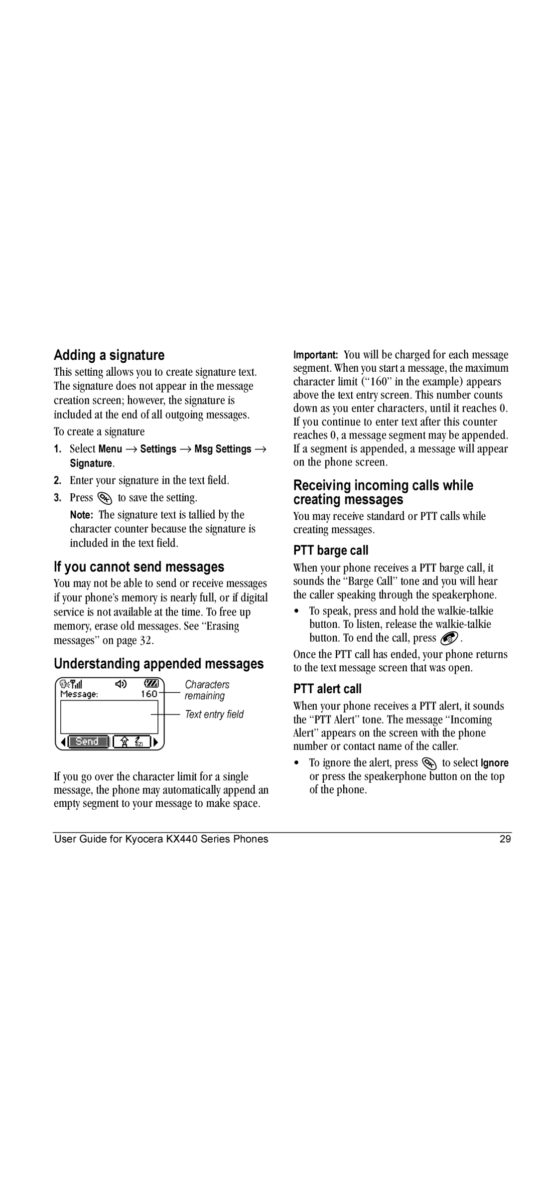 Kyocera KX440 manual Adding a signature, If you cannot send messages, Understanding appended messages 