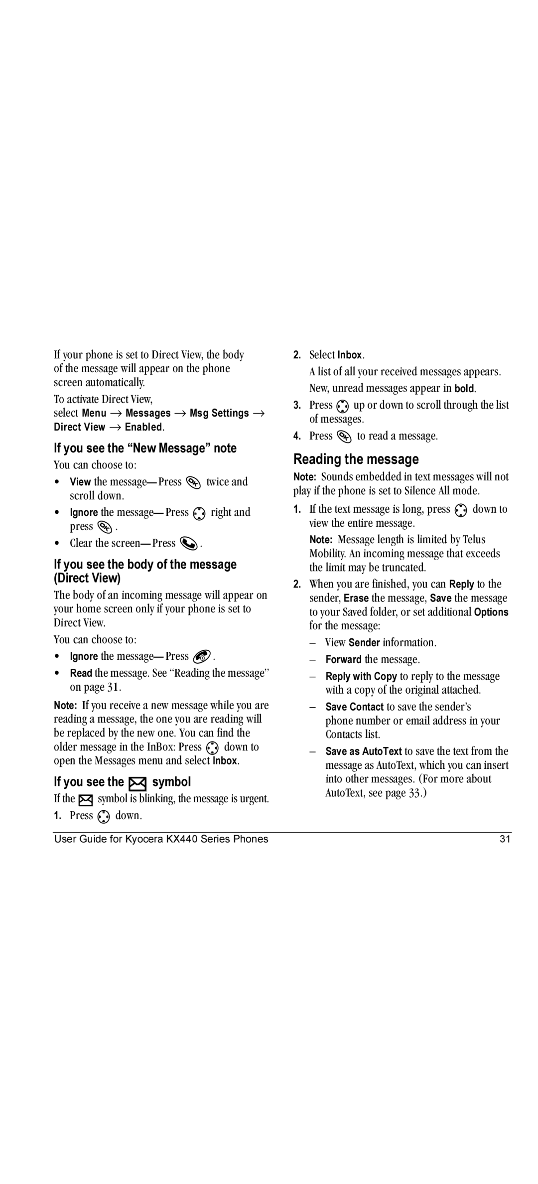 Kyocera KX440 manual Reading the message, If you see the New Message note, If you see the body of the message Direct View 