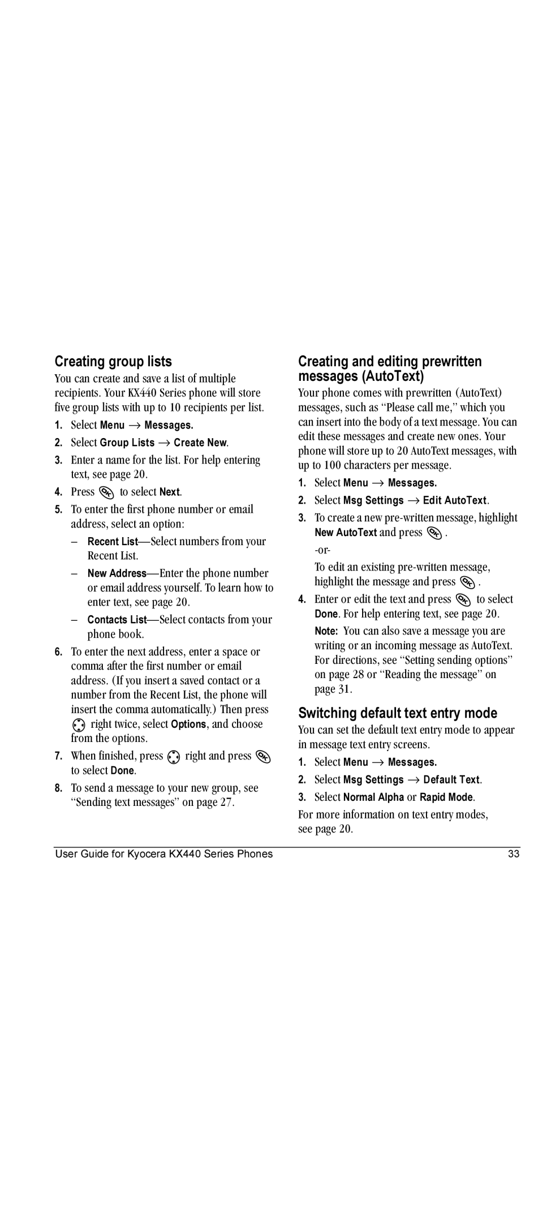Kyocera KX440 manual Creating group lists, Switching default text entry mode 