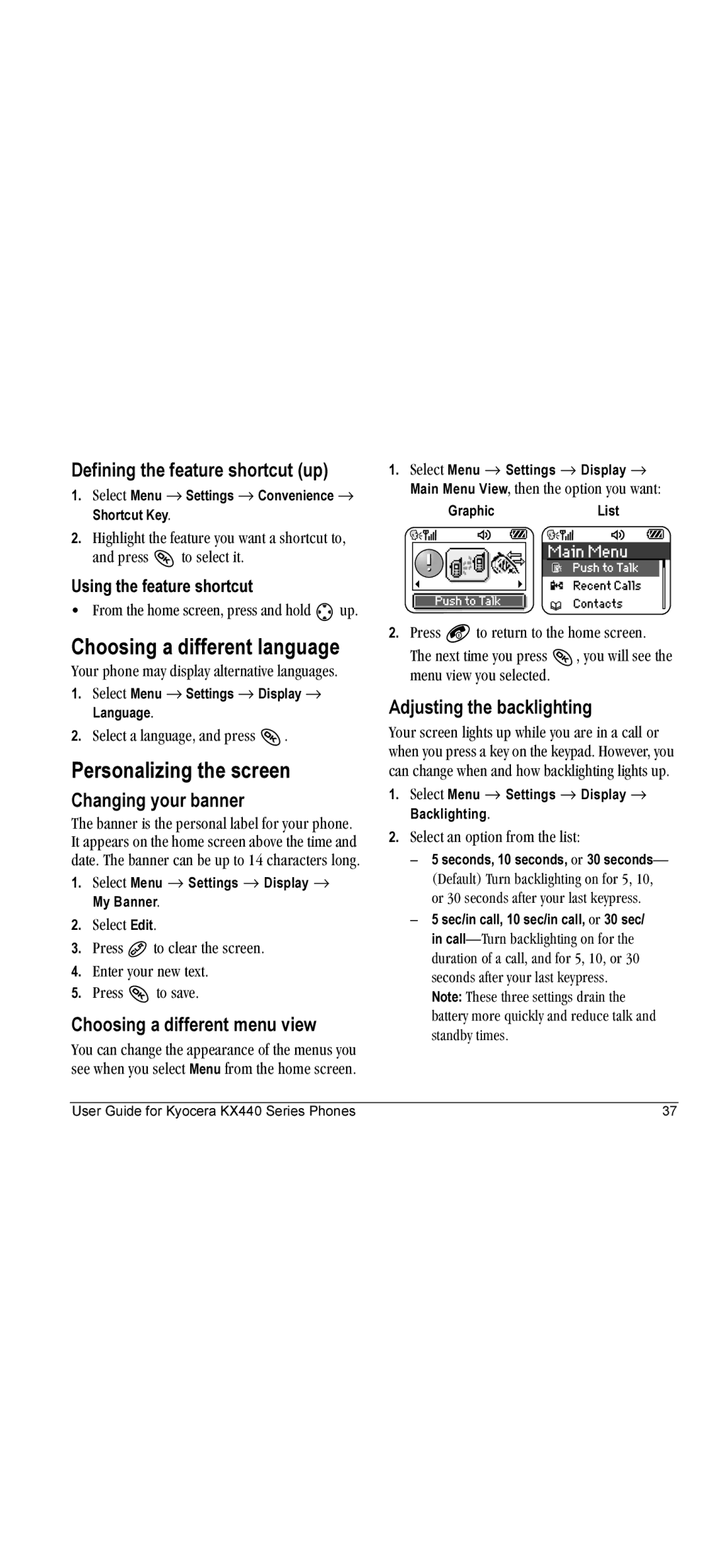 Kyocera KX440 manual Choosing a different language, Personalizing the screen 