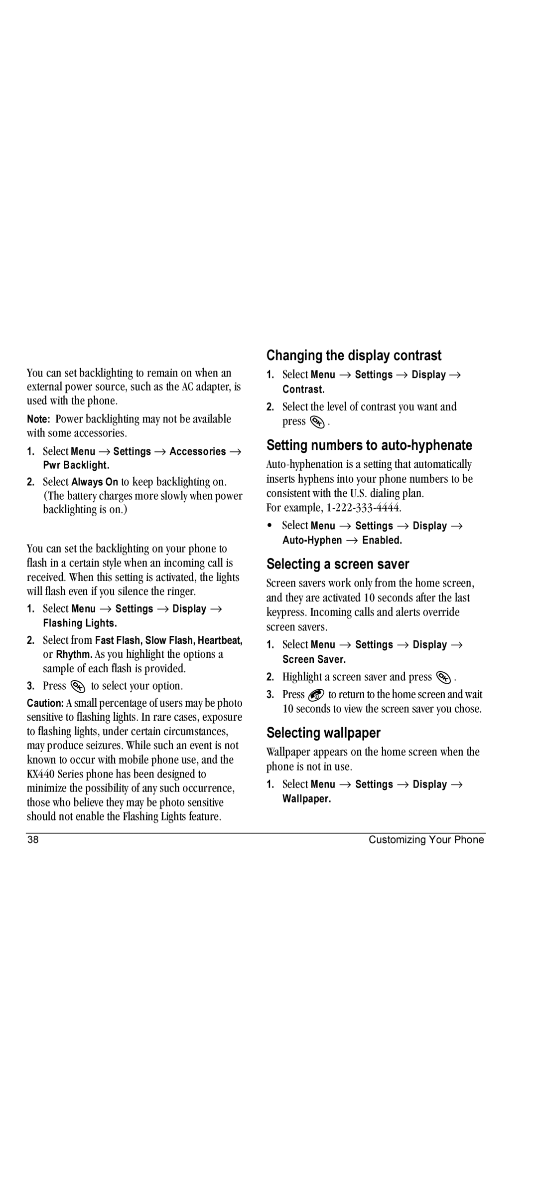 Kyocera KX440 manual Changing the display contrast, Setting numbers to auto-hyphenate, Selecting a screen saver 