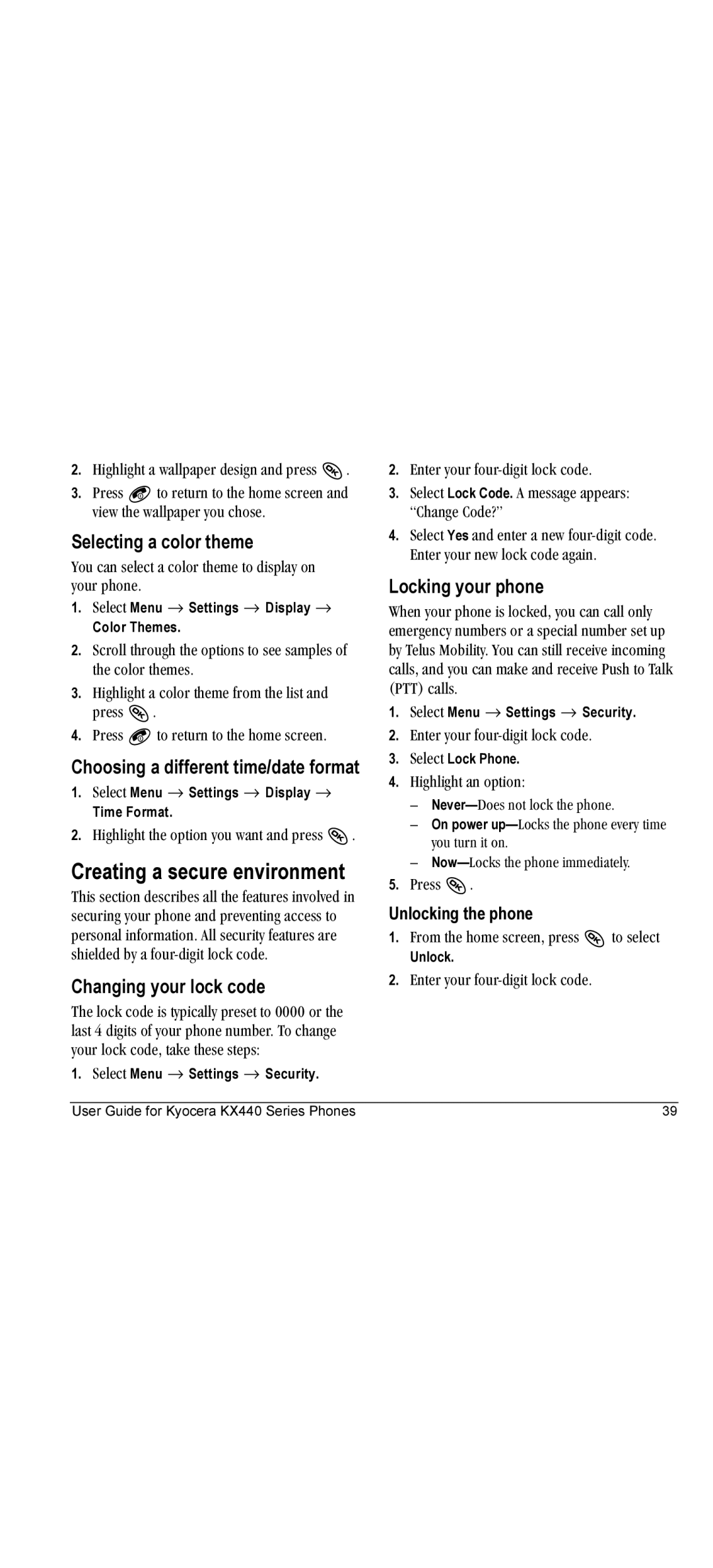 Kyocera KX440 manual Creating a secure environment, Selecting a color theme, Choosing a different time/date format 
