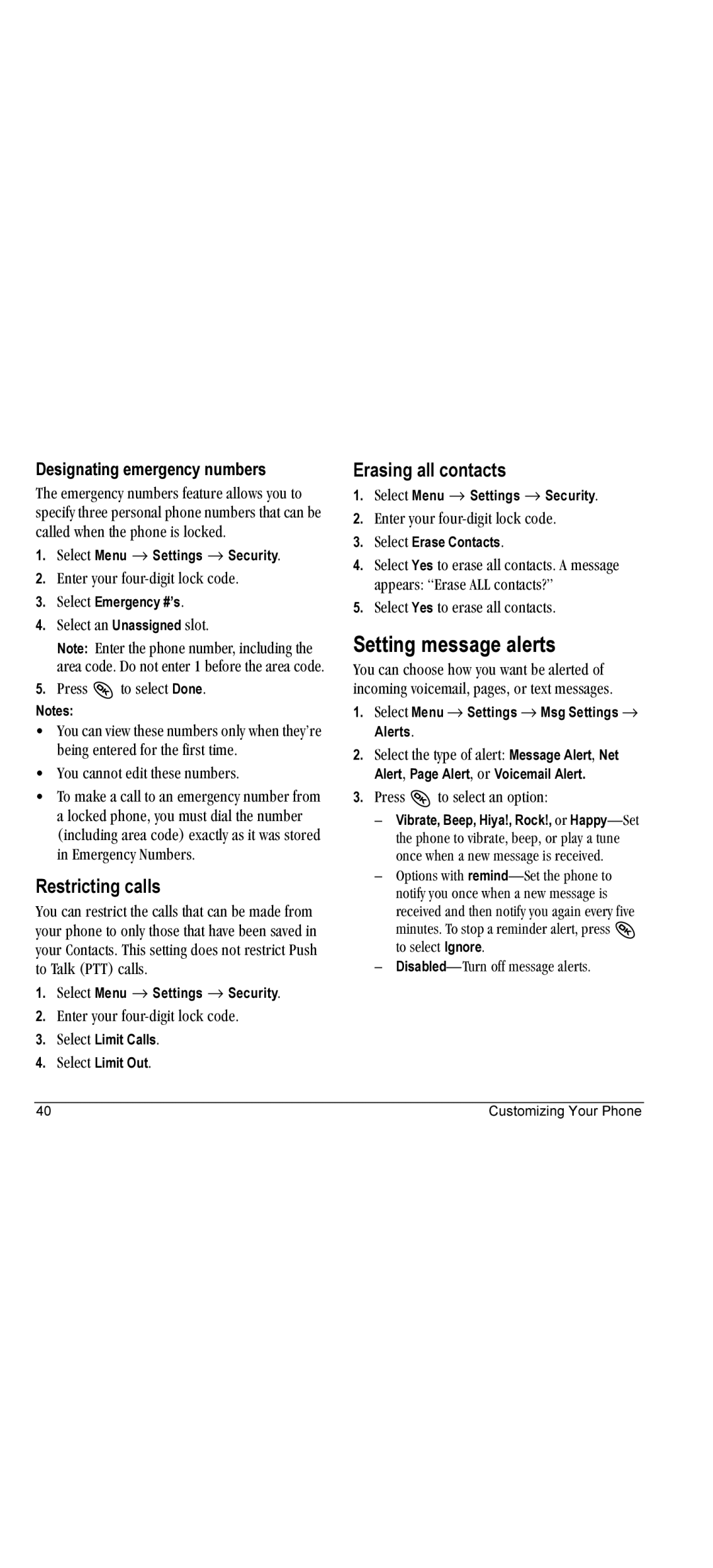 Kyocera KX440 manual Setting message alerts, Restricting calls, Erasing all contacts, Designating emergency numbers 