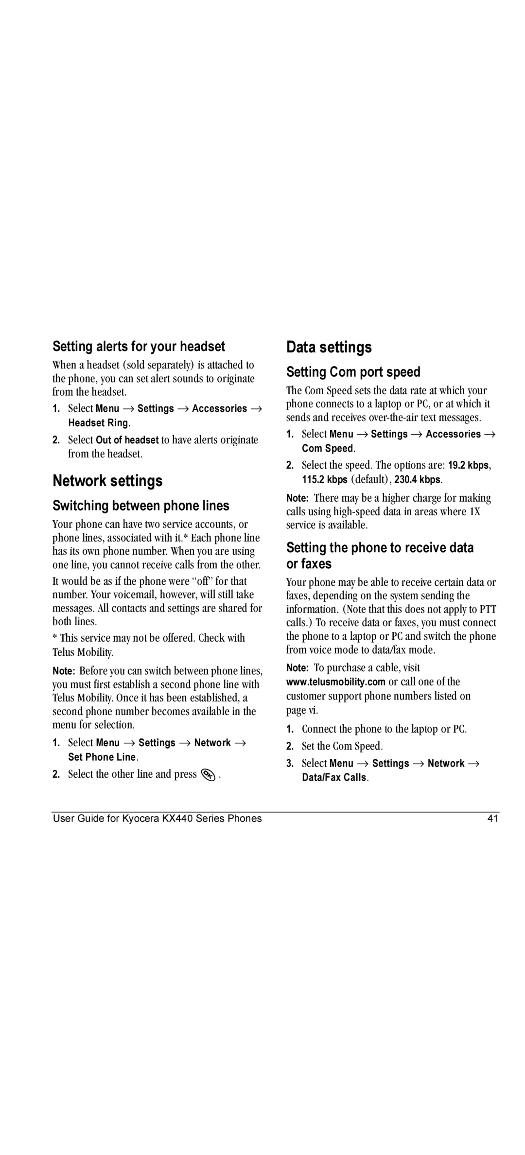 Kyocera KX440 manual Network settings, Data settings 