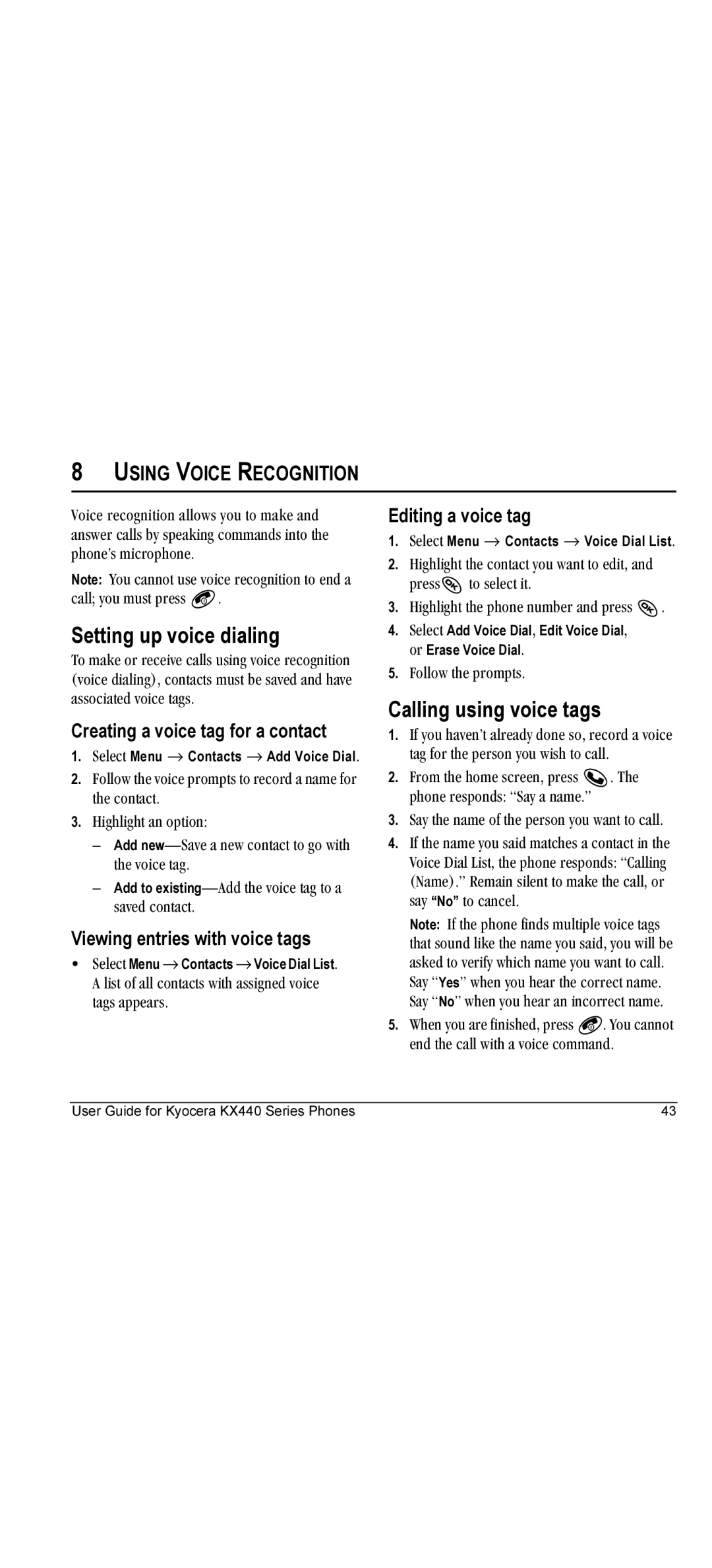 Kyocera KX440 manual Setting up voice dialing, Calling using voice tags, Using Voice Recognition 