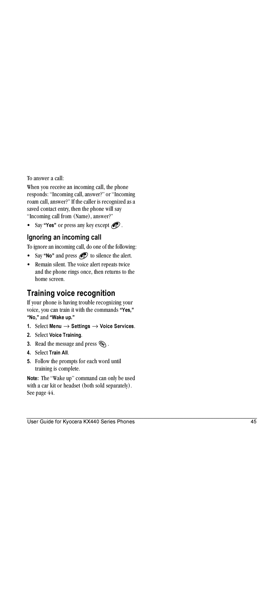 Kyocera KX440 Training voice recognition, Ignoring an incoming call, OÉ~Ç=íÜÉ=ãÉëë~ÖÉ=~åÇ=éêÉëë= K, PÉäÉÅí Train AllK 