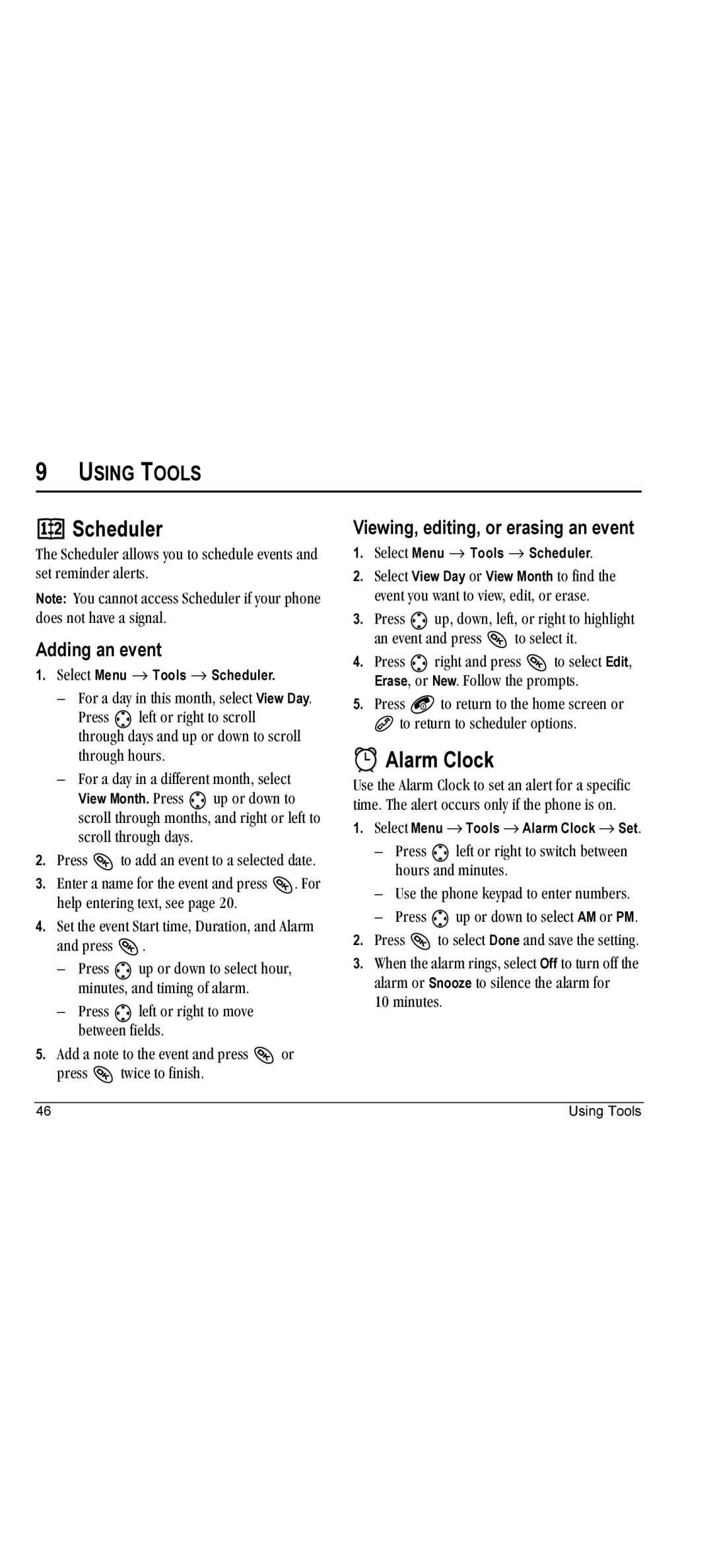 Kyocera KX440 manual Scheduler, Alarm Clock, Using Tools, Adding an event, Viewing, editing, or erasing an event 