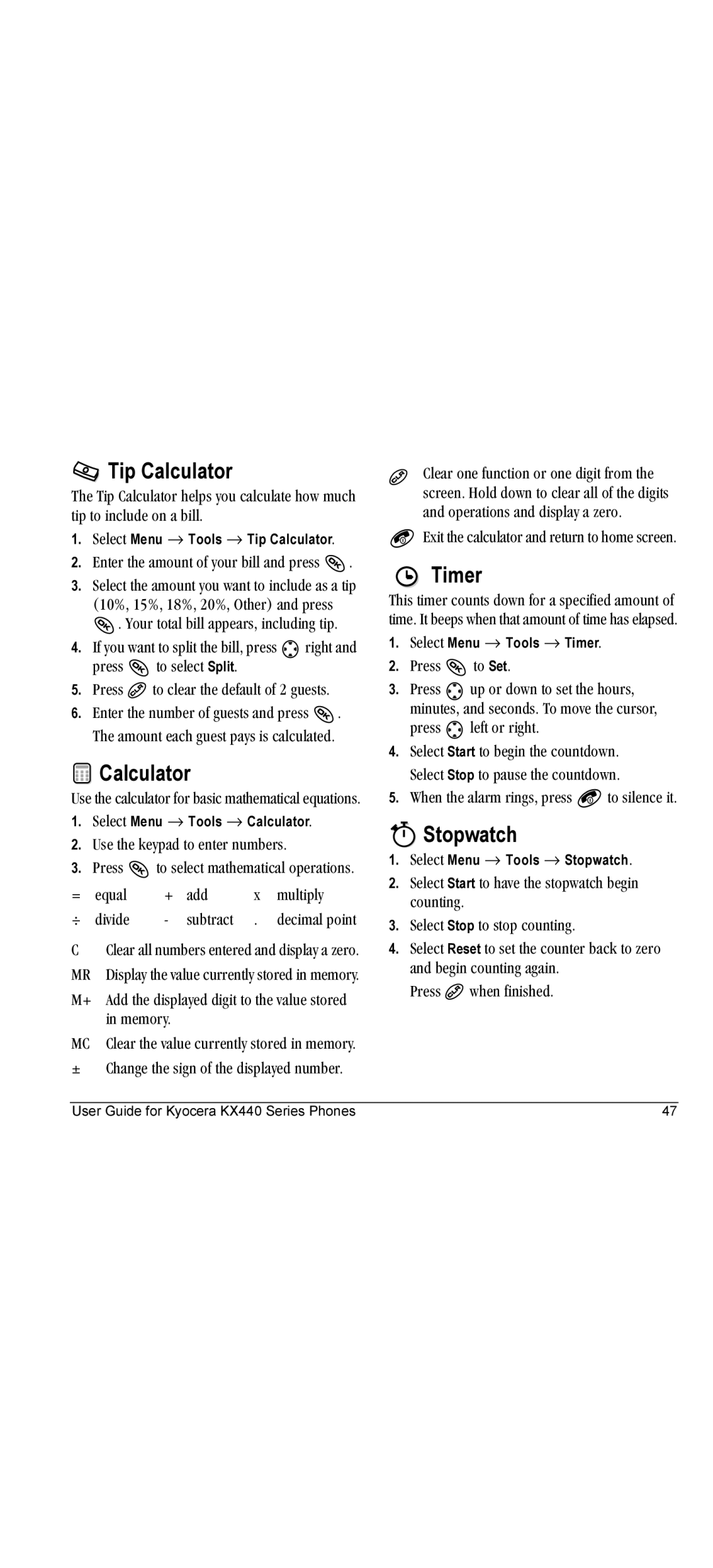 Kyocera KX440 manual Tip Calculator, Timer, Stopwatch 