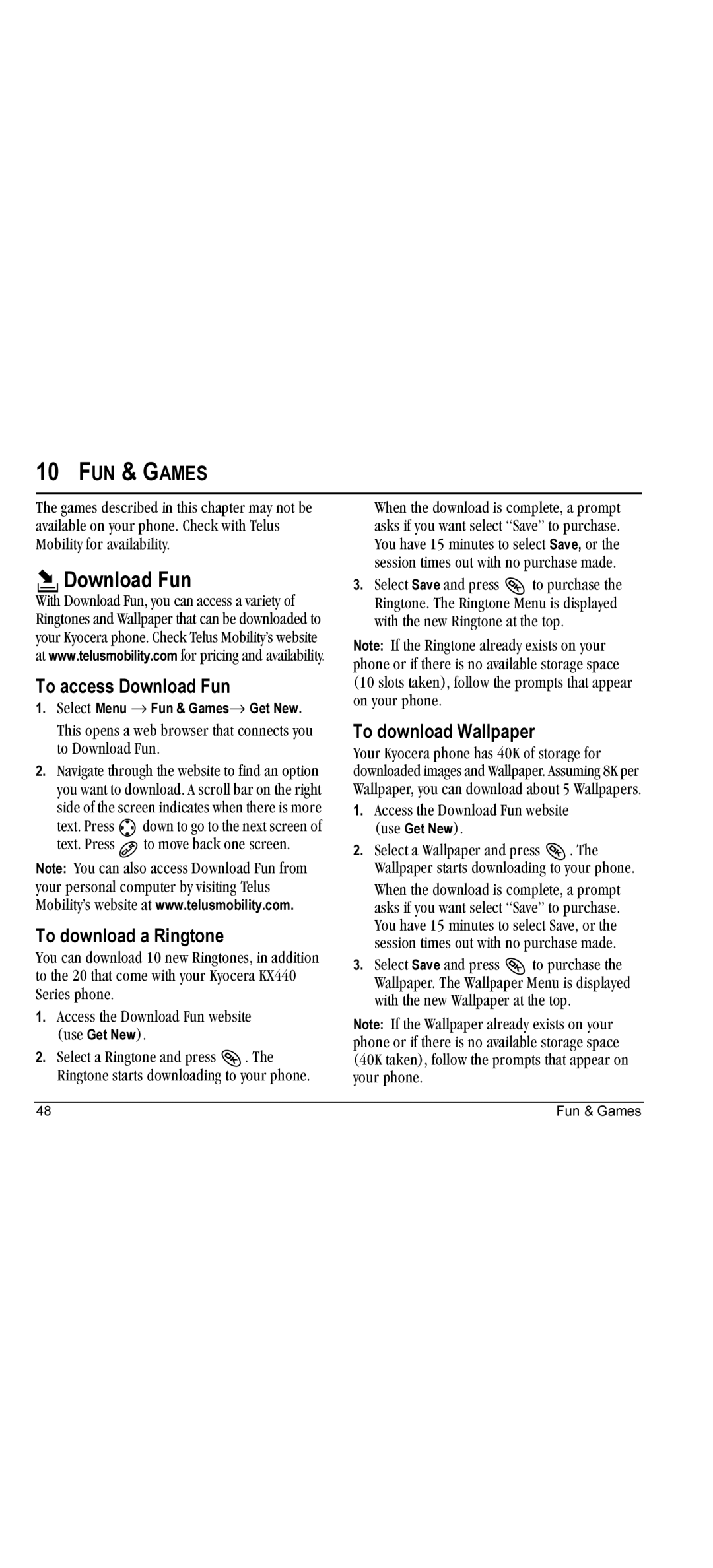 Kyocera KX440 manual FUN & Games, To access Download Fun, To download a Ringtone, To download Wallpaper 