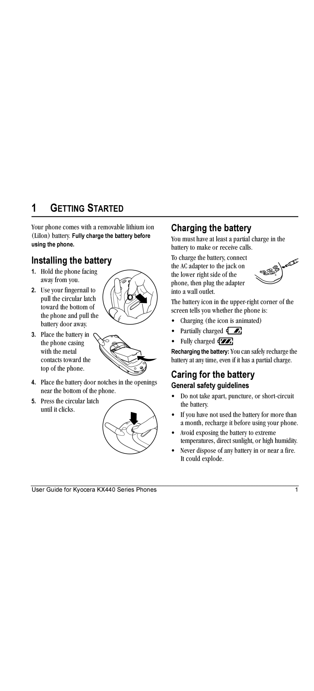 Kyocera KX440 manual Installing the battery, Charging the battery, Caring for the battery, Getting Started 