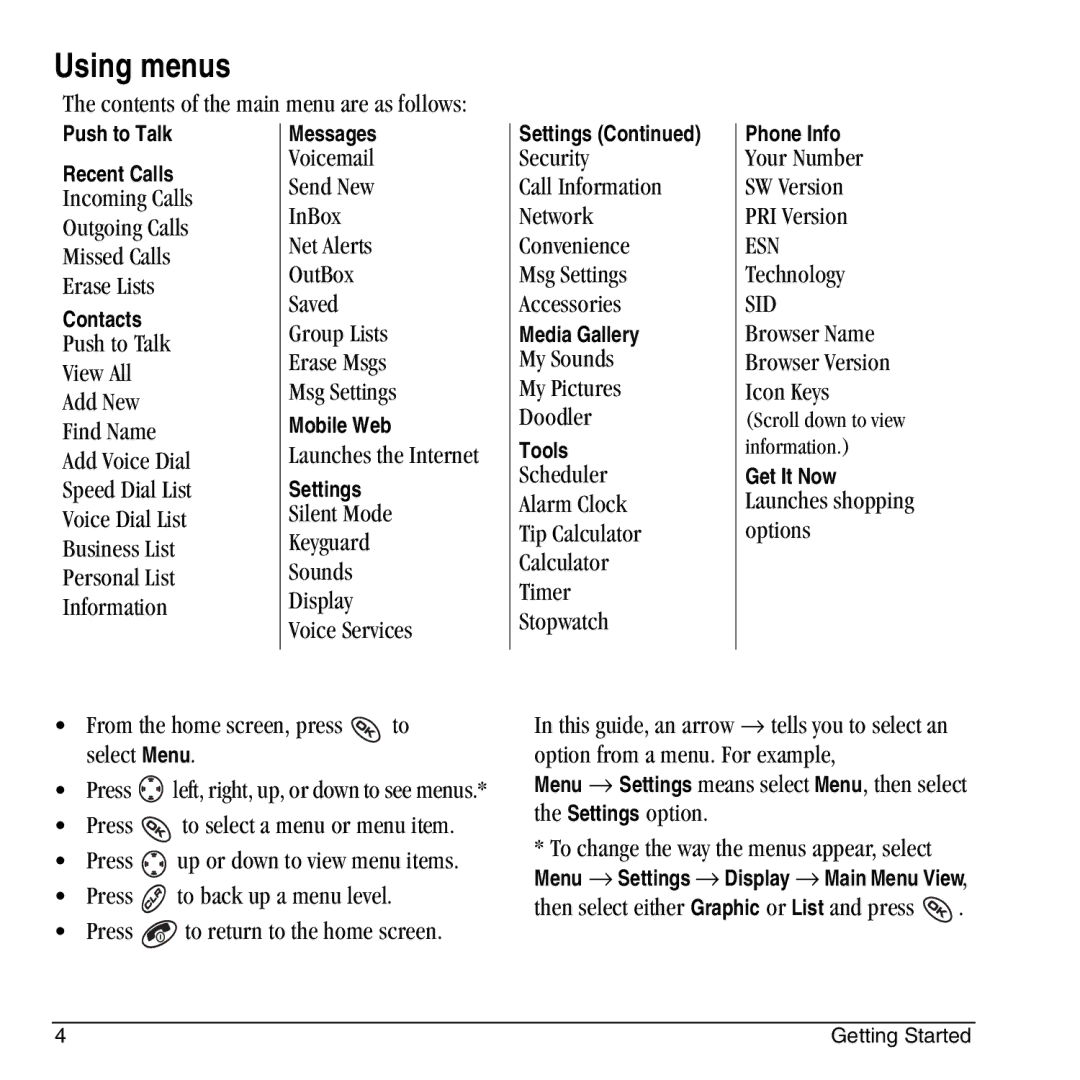 Kyocera KX444 manual Using menus 