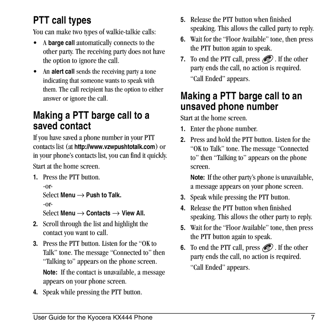 Kyocera KX444 manual PTT call types, Making a PTT barge call to a saved contact 