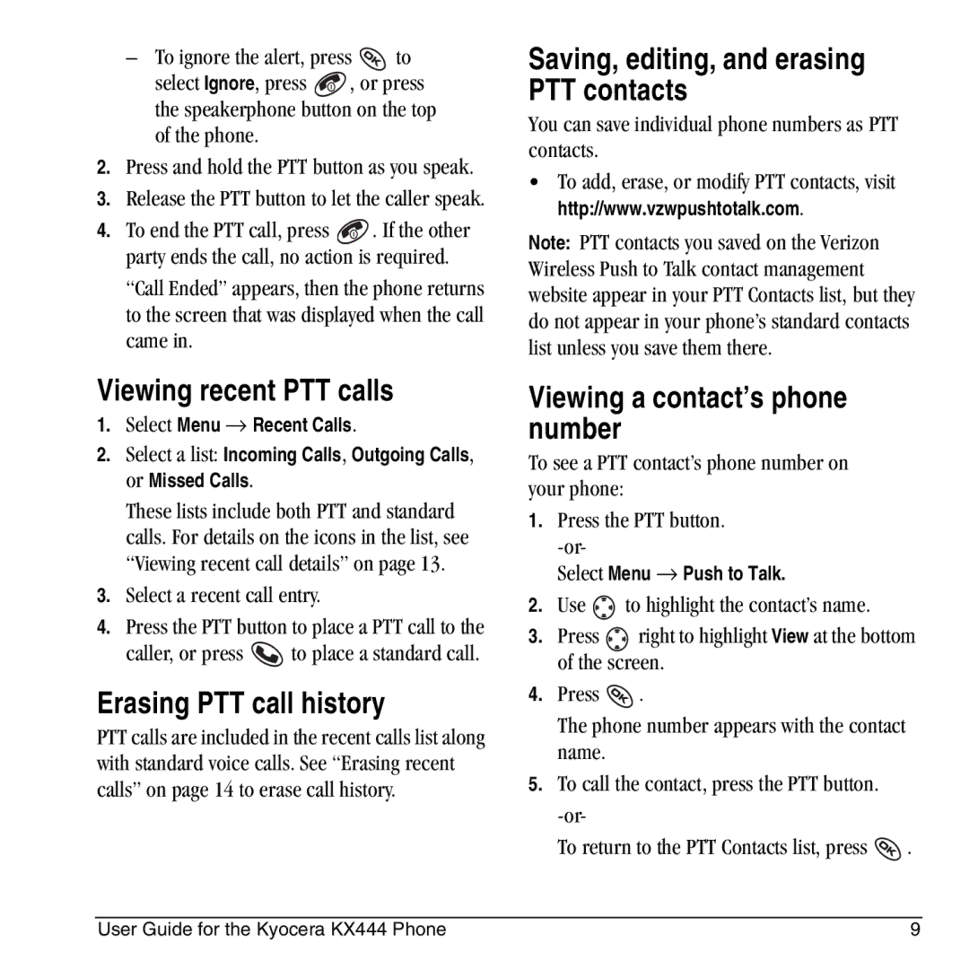 Kyocera KX444 manual Viewing recent PTT calls, Erasing PTT call history, Saving, editing, and erasing PTT contacts 