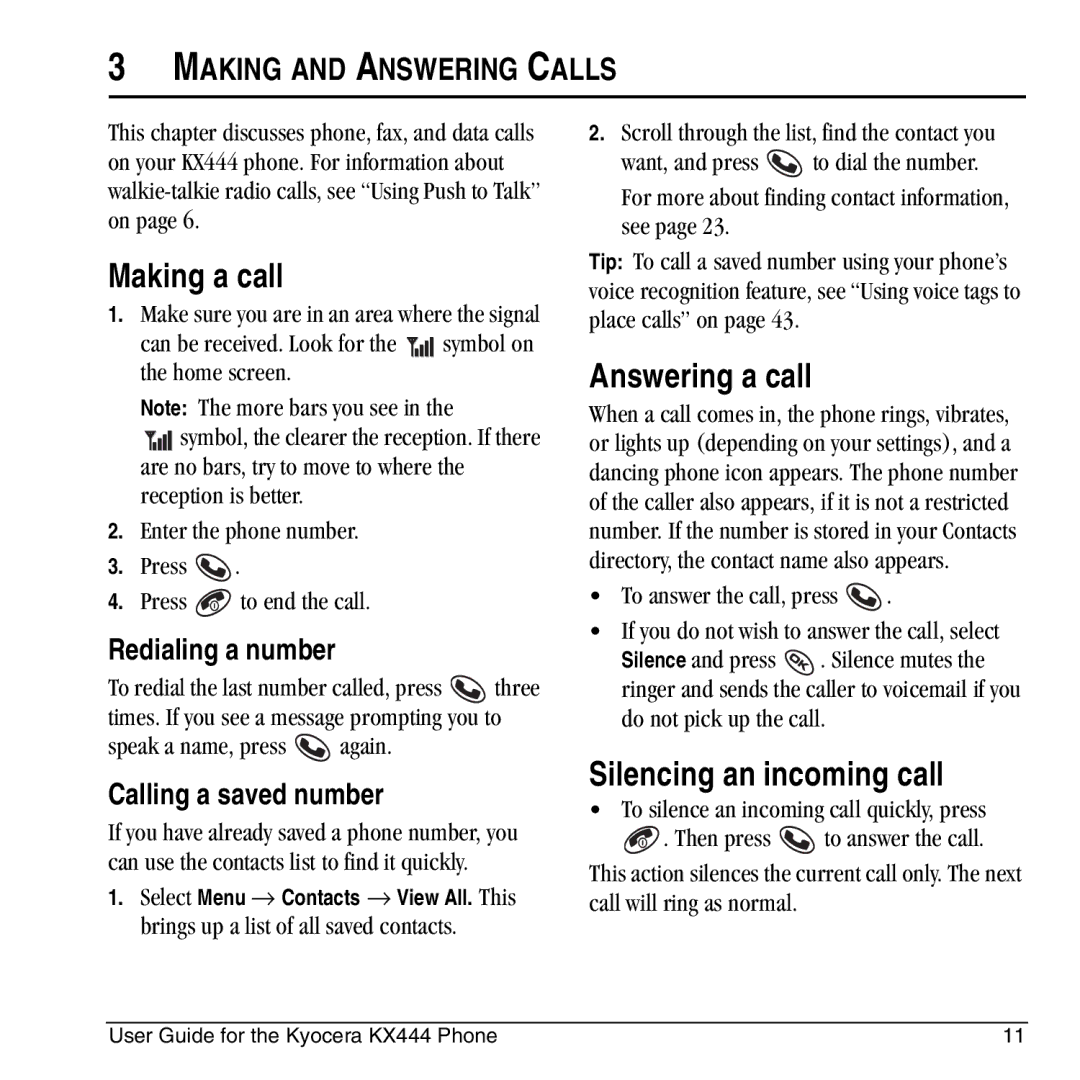 Kyocera KX444 manual Making a call, Answering a call, Silencing an incoming call, Making and Answering Calls 